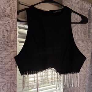 SHEIN Black Cropped Tank Top with Rhinestone Fringe